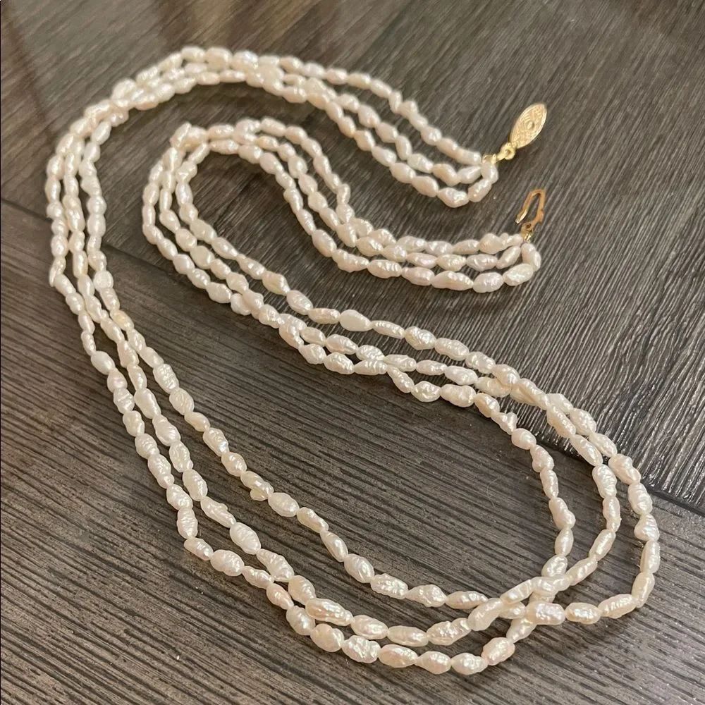 Vintage Three Strand Real Rice Pearls - Cream Pearl Necklace